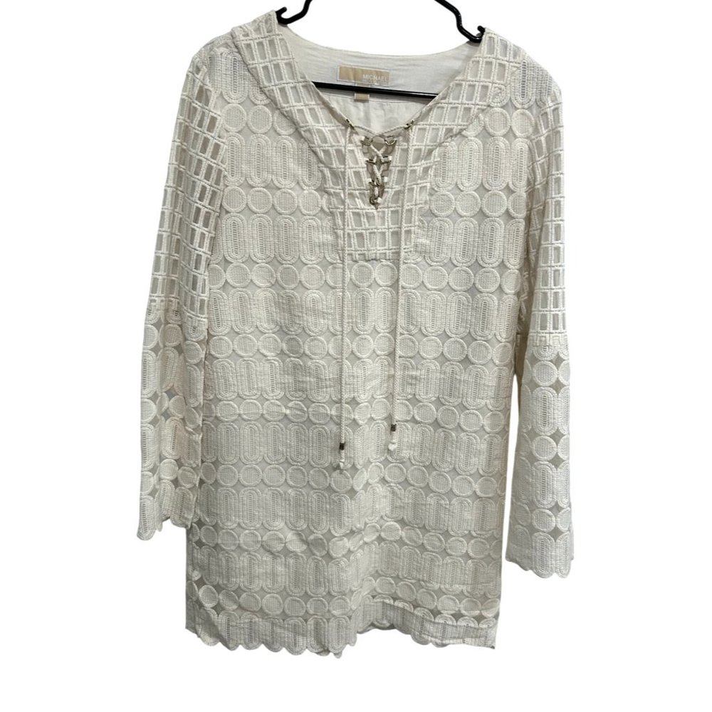 Michael Kors Womens Lace-Up Ivory Tunic Dress Size 8 Embroidered Sheer Overlay